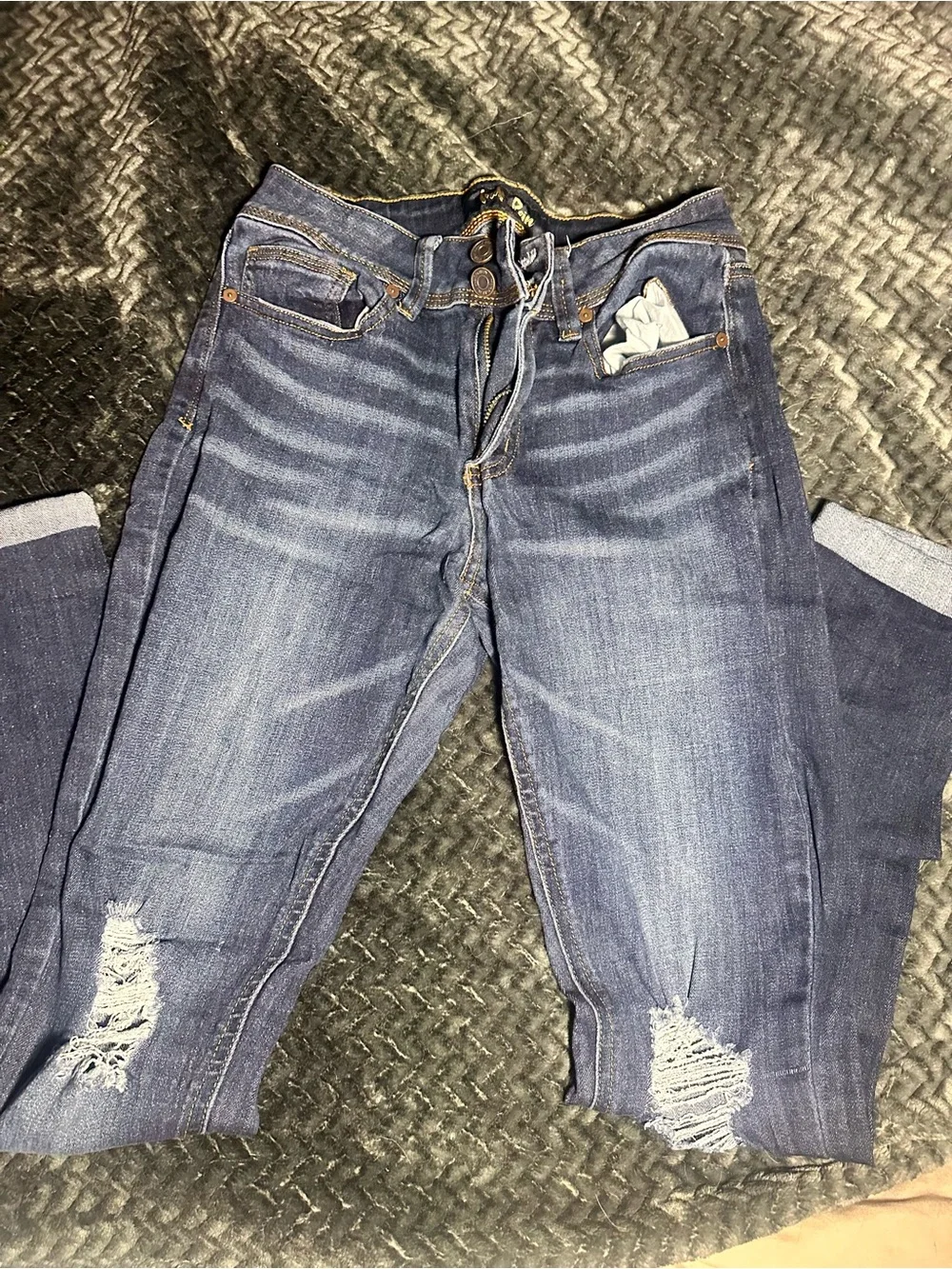 Indigo Rein Dark Blue Distressed Ankle Jeans